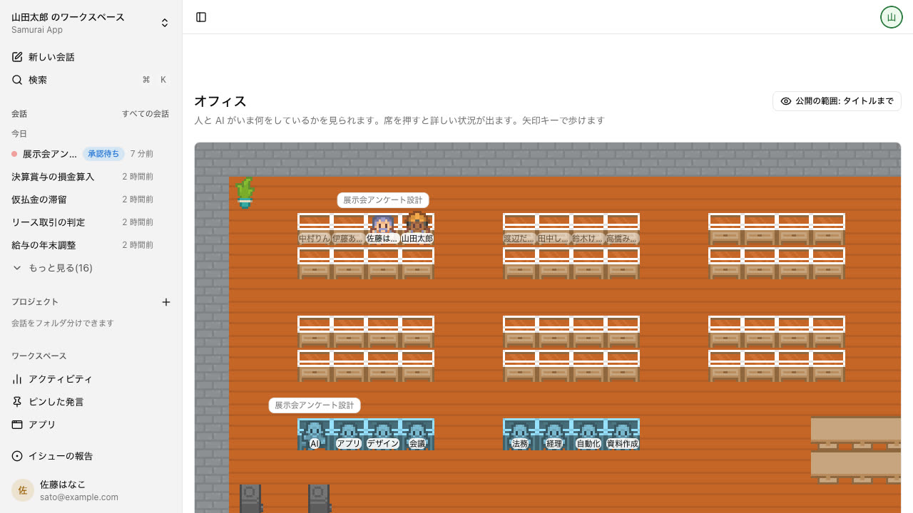 The Office screen. Desks for members and AI fill a floor, and above desks in use, the title of the conversation being worked on appears