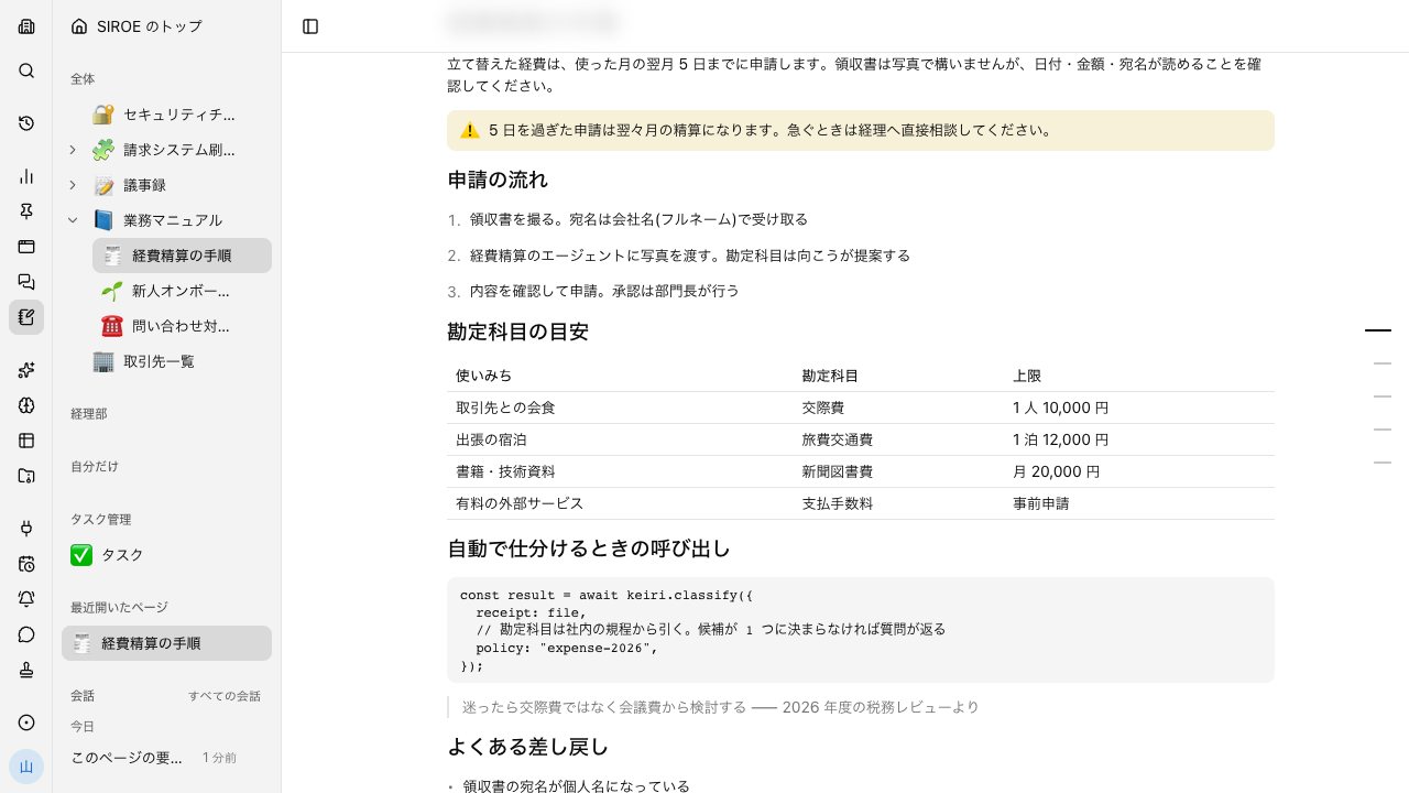 SIROE のページ本文。囲み・番号つきの箇条書き・表・コード・引用が 1 枚のページに並んでいる