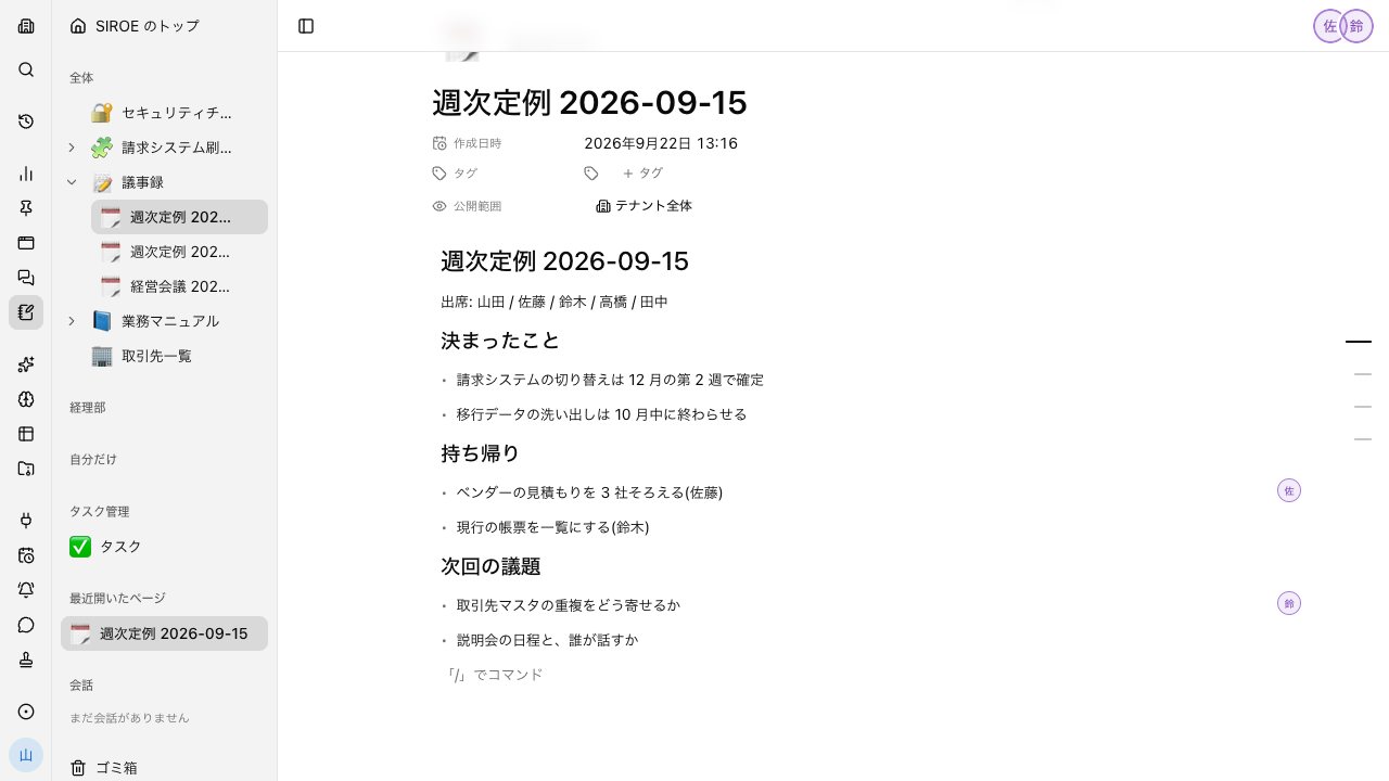 SIROE のページ。佐藤と鈴木がそれぞれ別の行にいることが、行の右端に出た名前で分かる